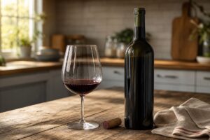 Bouteille de vin rouge ouverte avec verre et bouchon sur une table de cuisine