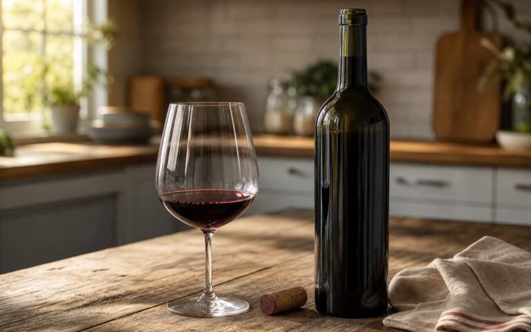 Bouteille de vin rouge ouverte avec verre et bouchon sur une table de cuisine