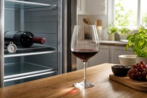 Bouteille de vin rouge sans étiquette au frigo avec un verre et un thermomètre de service