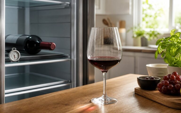 Bouteille de vin rouge sans étiquette au frigo avec un verre et un thermomètre de service