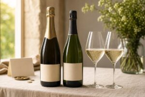 Deux bouteilles de vin effervescent anonymes avec deux verres de bulles sur une table lumineuse