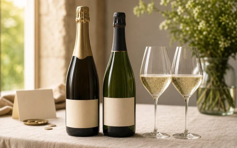 Deux bouteilles de vin effervescent anonymes avec deux verres de bulles sur une table lumineuse