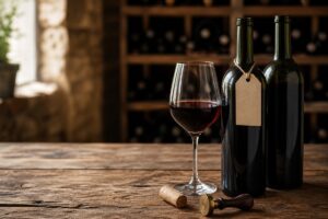 Deux bouteilles de vin sans étiquette, un verre de vin rouge, un bouchon et une étiquette vierge sur une table en bois