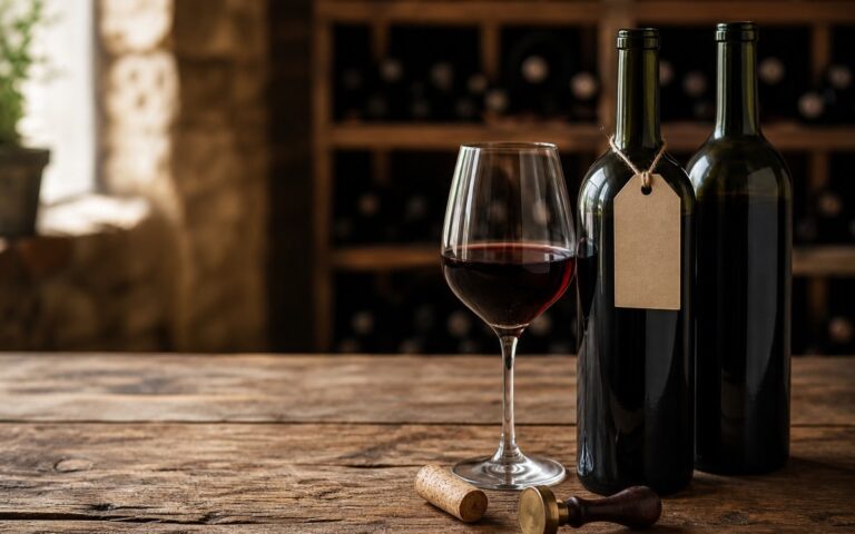 Deux bouteilles de vin sans étiquette, un verre de vin rouge, un bouchon et une étiquette vierge sur une table en bois
