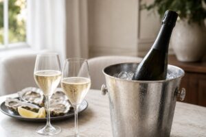Bouteille de champagne neutre dans un seau avec deux verres tulipe et des huîtres