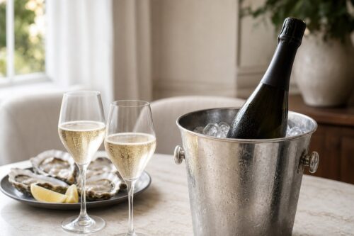 Bouteille de champagne neutre dans un seau avec deux verres tulipe et des huîtres
