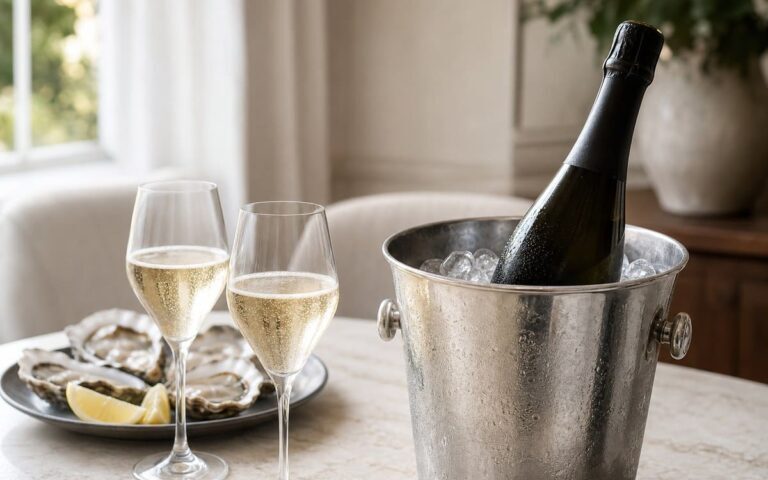 Bouteille de champagne neutre dans un seau avec deux verres tulipe et des huîtres