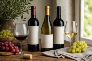 Bouteilles neutres, verres de vin rouge et blanc et raisins sur une table en bois