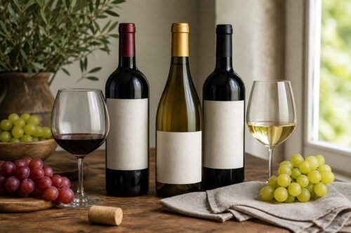Bouteilles neutres, verres de vin rouge et blanc et raisins sur une table en bois