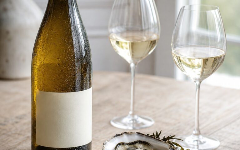 Bouteille de vin blanc à étiquette vierge avec deux verres, huîtres et fromage sur une table