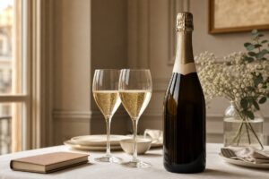 Bouteille de champagne neutre avec deux verres tulipe sur une table lumineuse