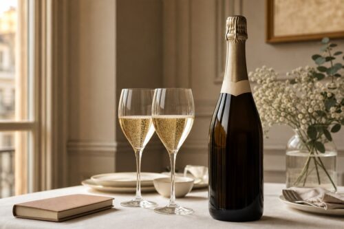 Bouteille de champagne neutre avec deux verres tulipe sur une table lumineuse