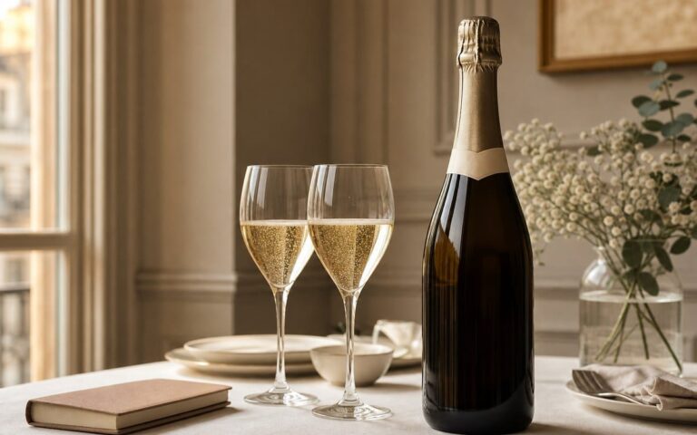 Bouteille de champagne neutre avec deux verres tulipe sur une table lumineuse