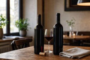 Deux bouteilles de vin rouge sans étiquette et un verre sur une table en bois