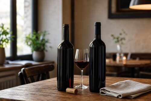Deux bouteilles de vin rouge sans étiquette et un verre sur une table en bois