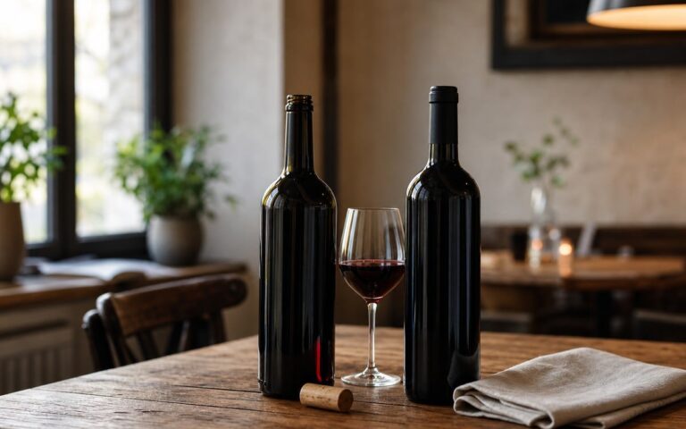 Deux bouteilles de vin rouge sans étiquette et un verre sur une table en bois
