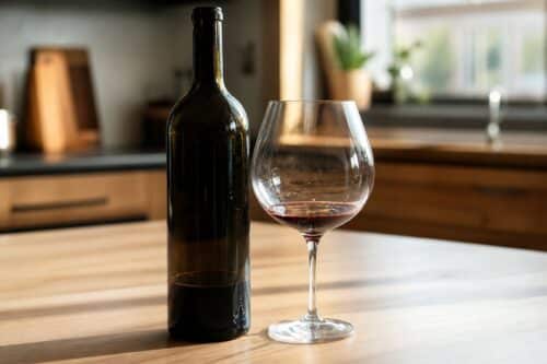 Bouteille de vin rouge sans étiquette avec un fond de vin et un verre sur une table