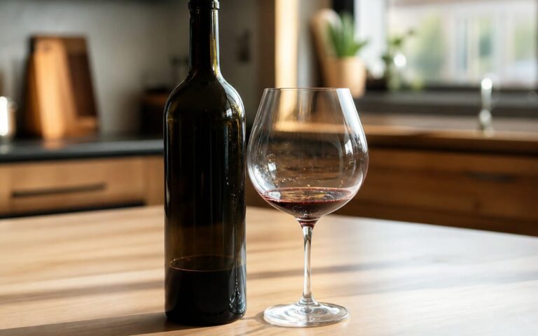Bouteille de vin rouge sans étiquette avec un fond de vin et un verre sur une table