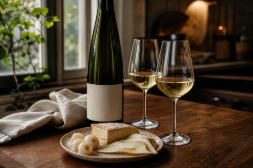 Bouteille de vin blanc sans étiquette lisible avec deux verres, fromage et fruits sur une table