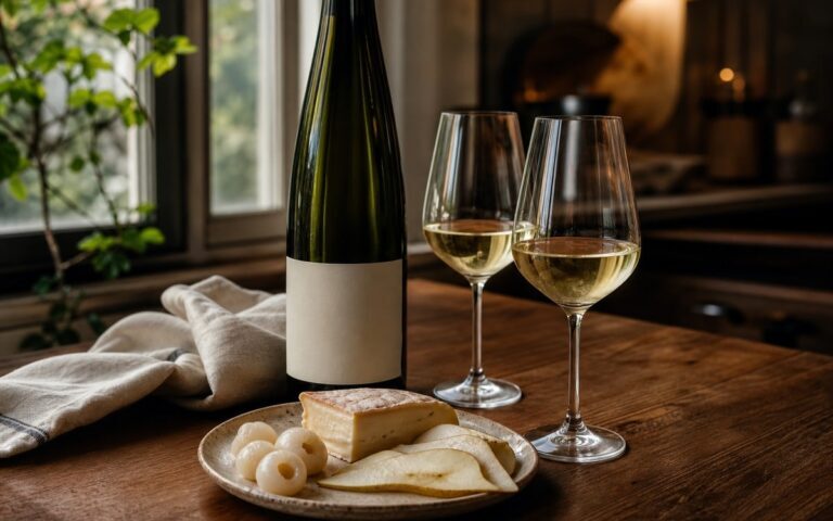 Bouteille de vin blanc sans étiquette lisible avec deux verres, fromage et fruits sur une table