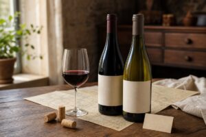 Deux bouteilles de vin sans texte lisible, un verre de vin rouge et des bouchons sur une table en bois