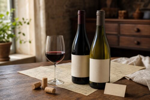 Deux bouteilles de vin sans texte lisible, un verre de vin rouge et des bouchons sur une table en bois