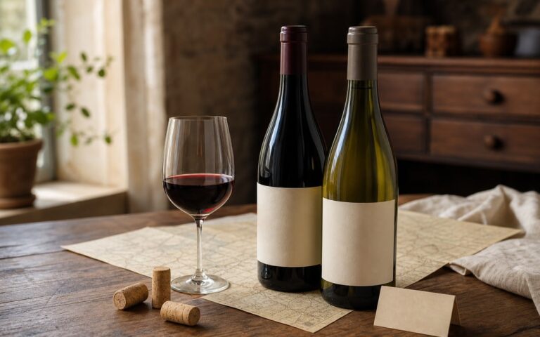 Deux bouteilles de vin sans texte lisible, un verre de vin rouge et des bouchons sur une table en bois