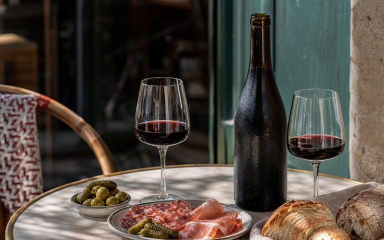 Bouteille de vin rouge sans étiquette avec deux verres, charcuterie et pain sur une table, sans texte ni personne