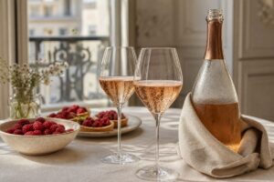 Deux verres de champagne rosé avec une bouteille sans étiquette et des framboises