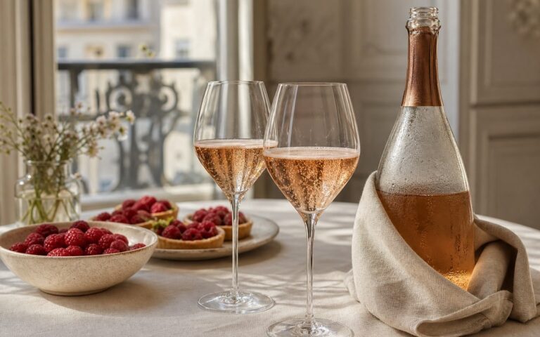 Deux verres de champagne rosé avec une bouteille sans étiquette et des framboises