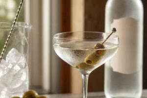 Verre de Dry Martini avec olives, zeste de citron, glaçons et bouteille sans étiquette lisible