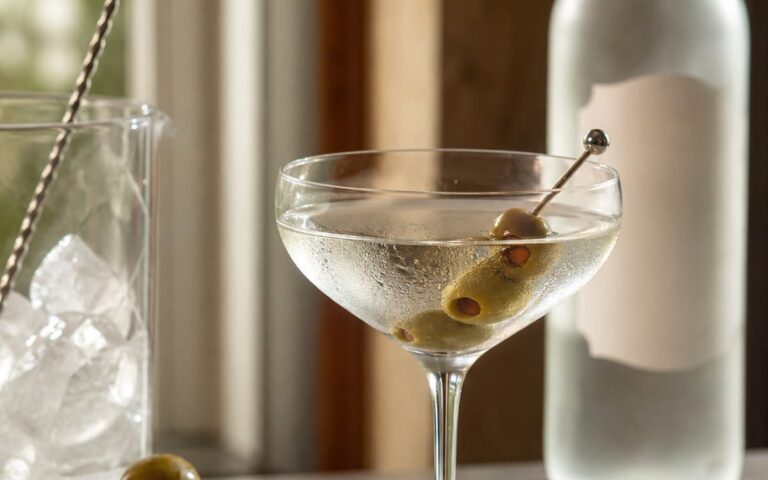 Verre de Dry Martini avec olives, zeste de citron, glaçons et bouteille sans étiquette lisible