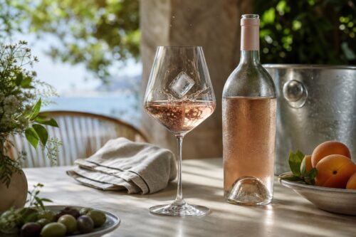 Verre de vin rosé avec un glaçon, bouteille fraîche et seau à glace sur une table d’été sans texte visible