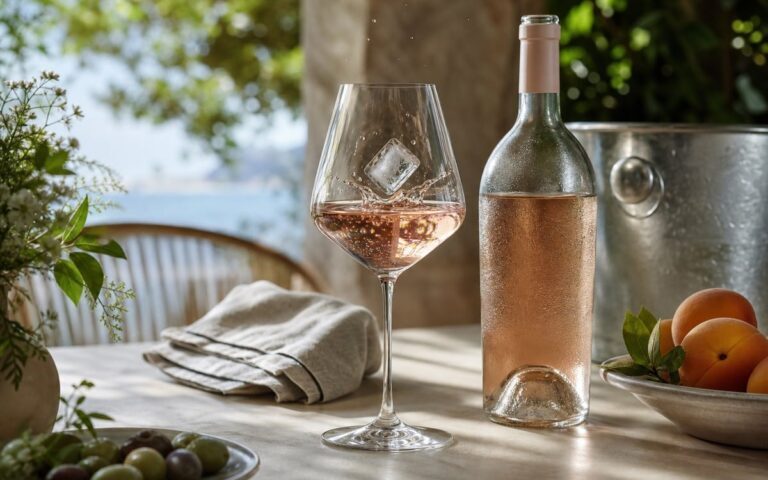 Verre de vin rosé avec un glaçon, bouteille fraîche et seau à glace sur une table d’été sans texte visible