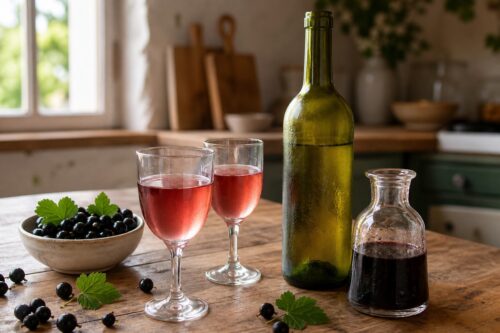 Deux verres de kir au vin blanc avec cassis sur une table de cuisine