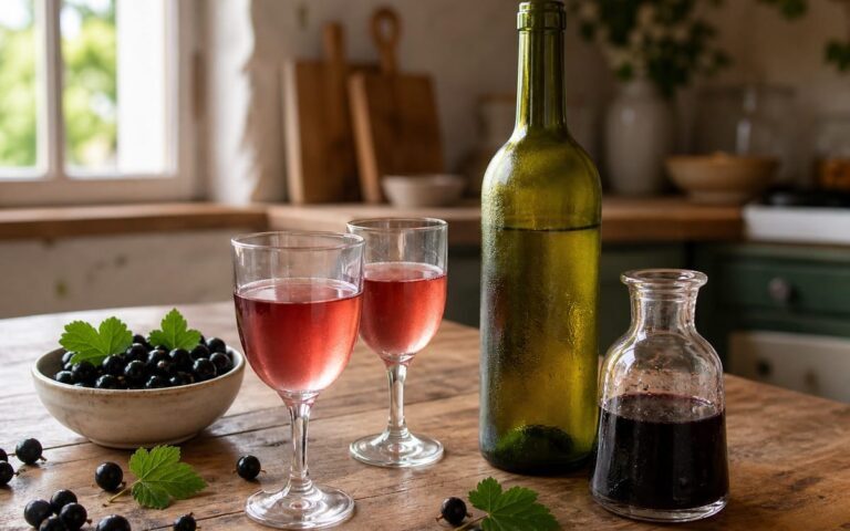 Deux verres de kir au vin blanc avec cassis sur une table de cuisine