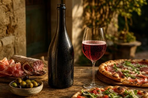 Bouteille sans étiquette et verre de vin rouge pétillant avec pizza et charcuterie sur une table, sans texte ni personne