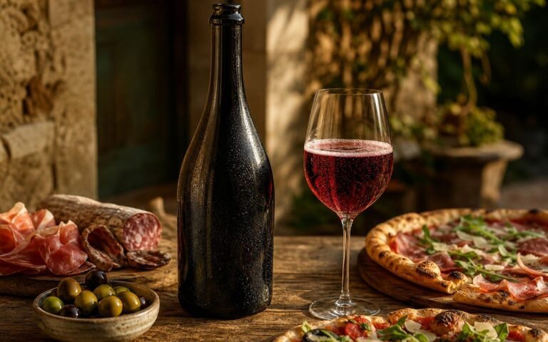 Bouteille sans étiquette et verre de vin rouge pétillant avec pizza et charcuterie sur une table, sans texte ni personne