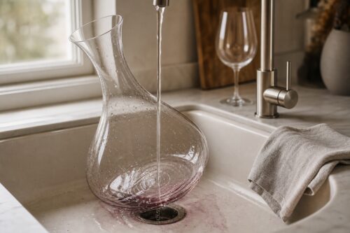 Carafe à vin rincée sous un filet d’eau dans un évier propre, sans texte ni personne
