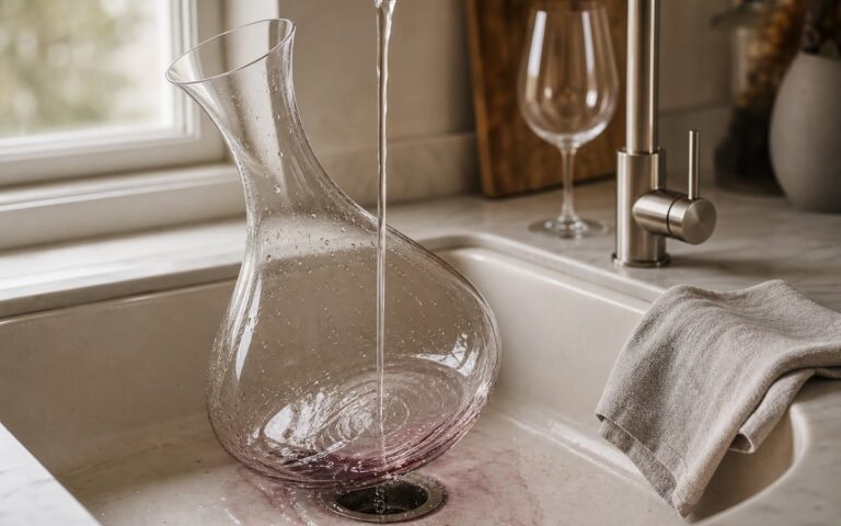 Carafe à vin rincée sous un filet d’eau dans un évier propre, sans texte ni personne
