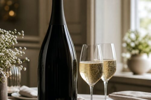 Magnum de champagne sans étiquette avec deux verres de bulles sur une table, sans texte ni personne