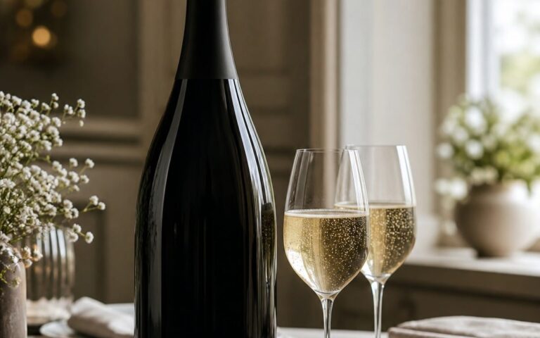 Magnum de champagne sans étiquette avec deux verres de bulles sur une table, sans texte ni personne