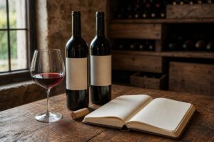 Deux bouteilles de vin sans marque avec un verre et un carnet ouvert dans une cave