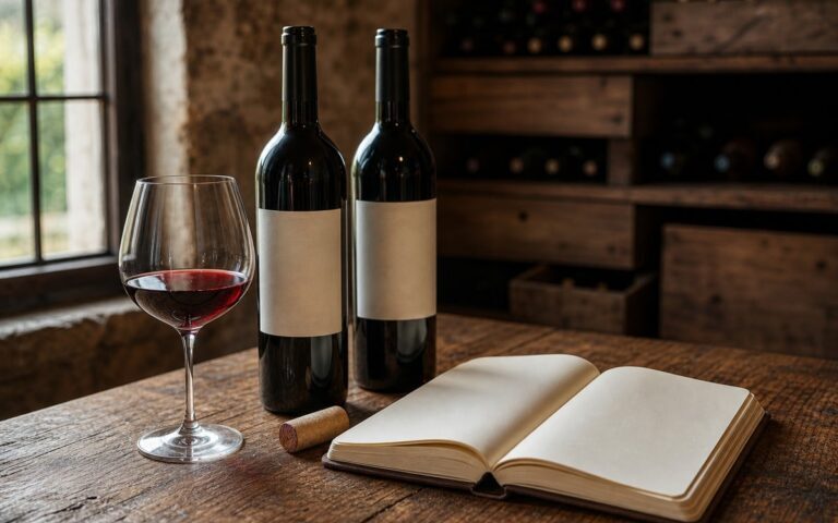 Deux bouteilles de vin sans marque avec un verre et un carnet ouvert dans une cave