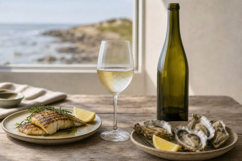 Verre de vin blanc sec avec bouteille sans étiquette, huîtres et poisson grillé près d’une fenêtre, sans texte ni personne