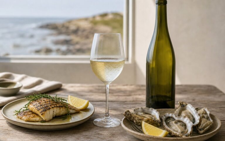 Verre de vin blanc sec avec bouteille sans étiquette, huîtres et poisson grillé près d’une fenêtre, sans texte ni personne