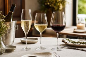 Trois verres de vin servis dans un ordre de dégustation avec bouteille au frais, sans texte ni personne