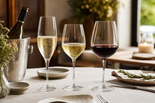 Trois verres de vin servis dans un ordre de dégustation avec bouteille au frais, sans texte ni personne