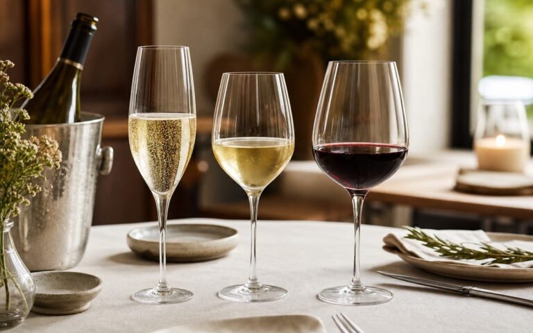Trois verres de vin servis dans un ordre de dégustation avec bouteille au frais, sans texte ni personne