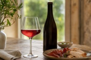 Verre de vin rouge léger avec bouteille sans étiquette, volaille et charcuterie sur une table lumineuse, sans texte ni personne